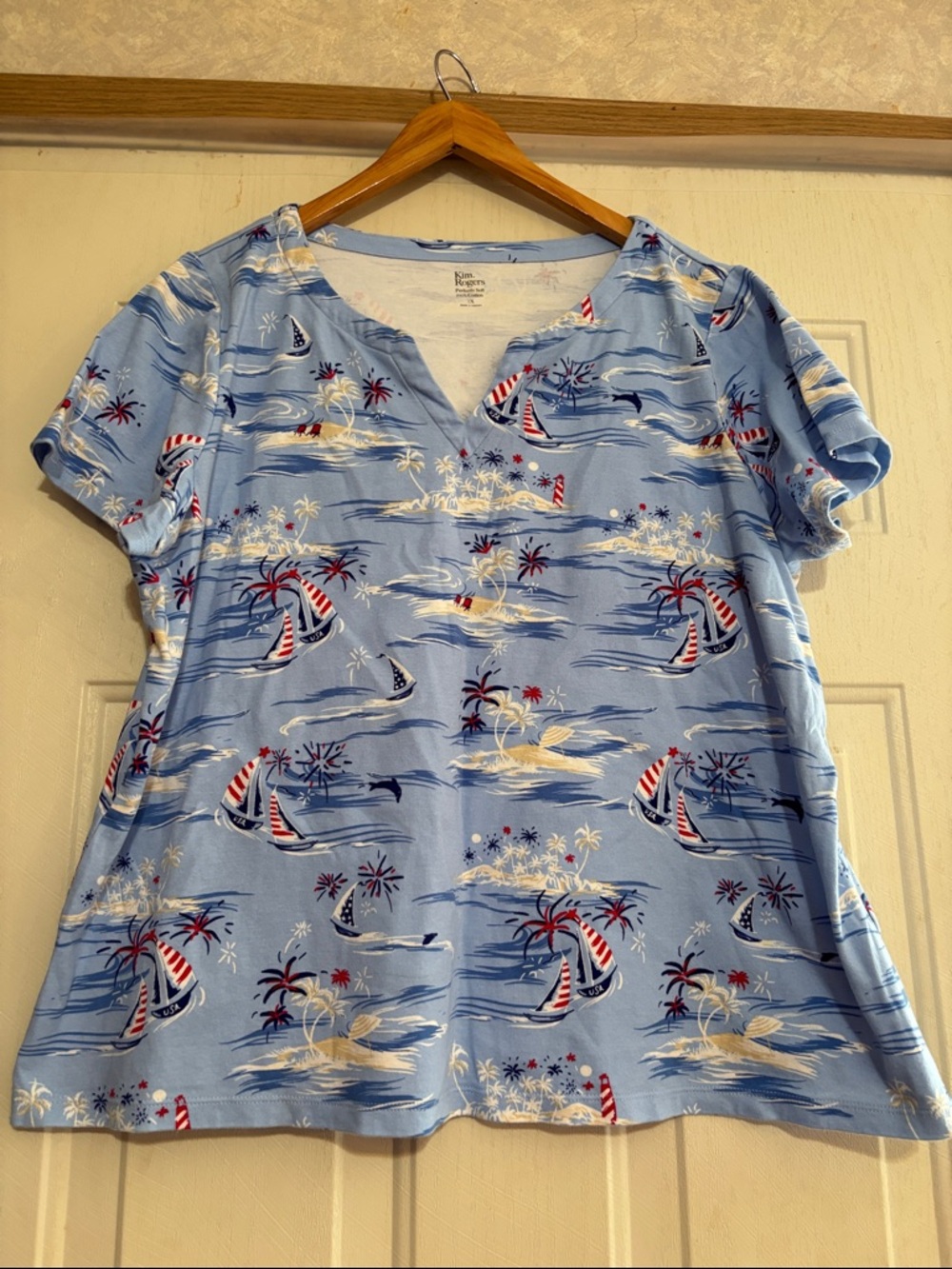 Kim Rogers Light Blue Nautical Sailboat V-Neck Top